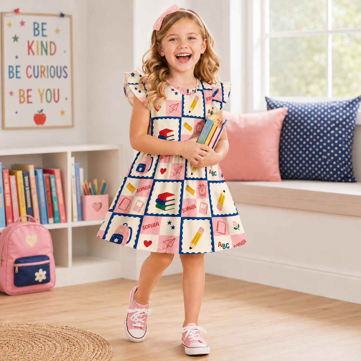 Personalized Back To School Classroom Icons Grid Crayons Books Bus Glue Apples Ruler Pastel Blocks Print Coquette Ruffle Dress