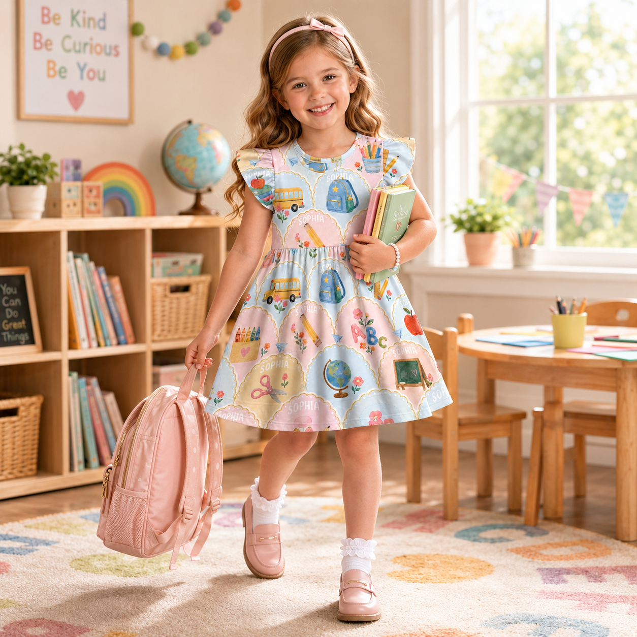 Personalized Whimsical Back To School Pastel Schoolhouses Buses Globes Books Crayons Classroom Print Coquette Ruffle Dress