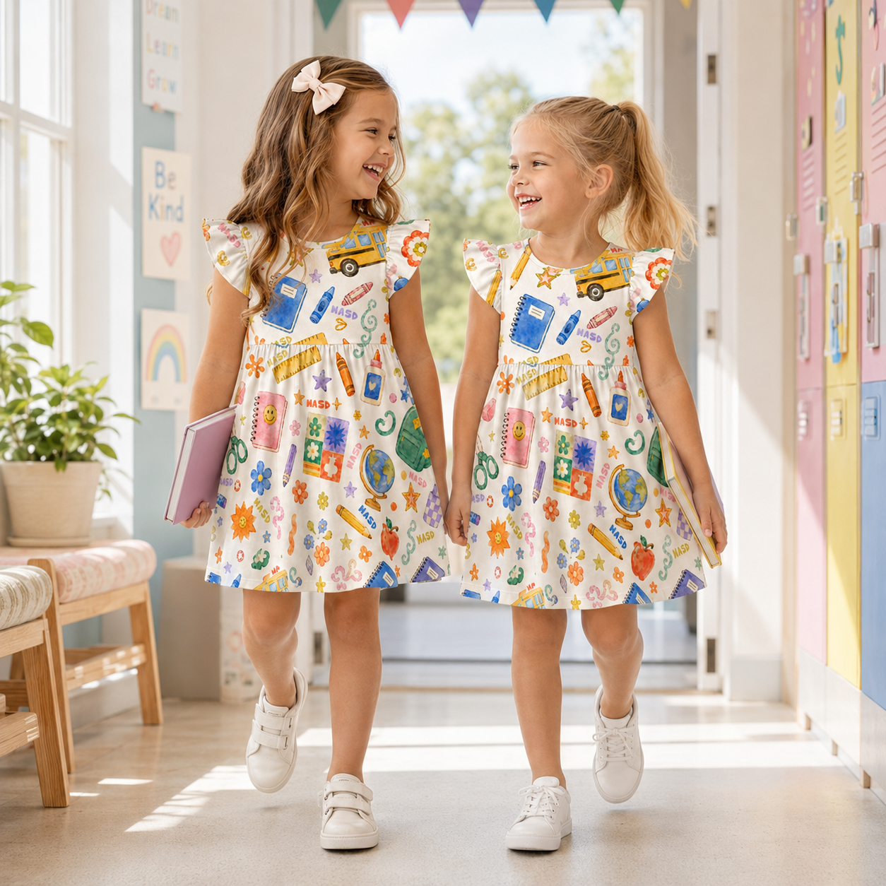 Personalized Back To School Classroom Icons Book Pencil Bus Apple Crayon Print For Little Girls Coquette Ruffle Dress
