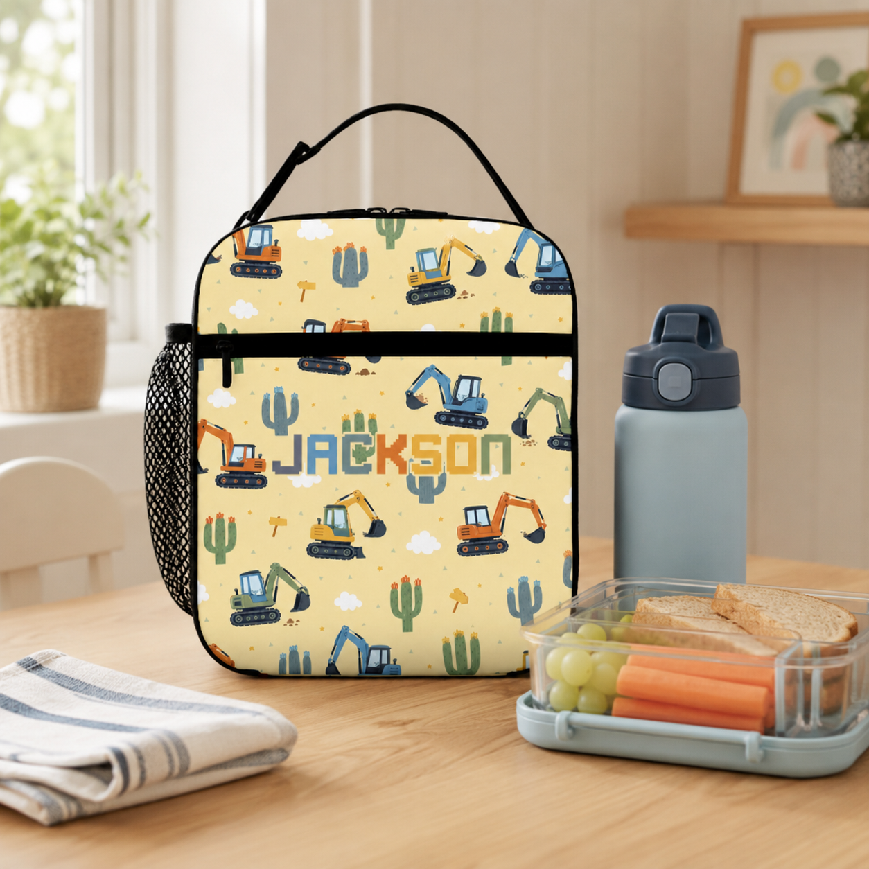 Personalized Cute Animal Friends Pastel Yellow Preschool Toddler Girl Back To School Insulated Reusable Snack Lunch Bag