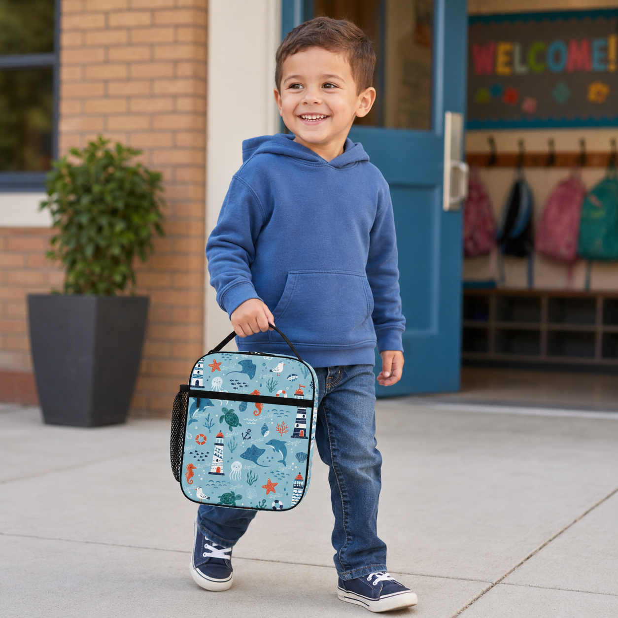 Personalized Under The Sea Ocean Shark Submarine Anchor Bubbles Blue Kids Insulated Back To School Lunch Bag