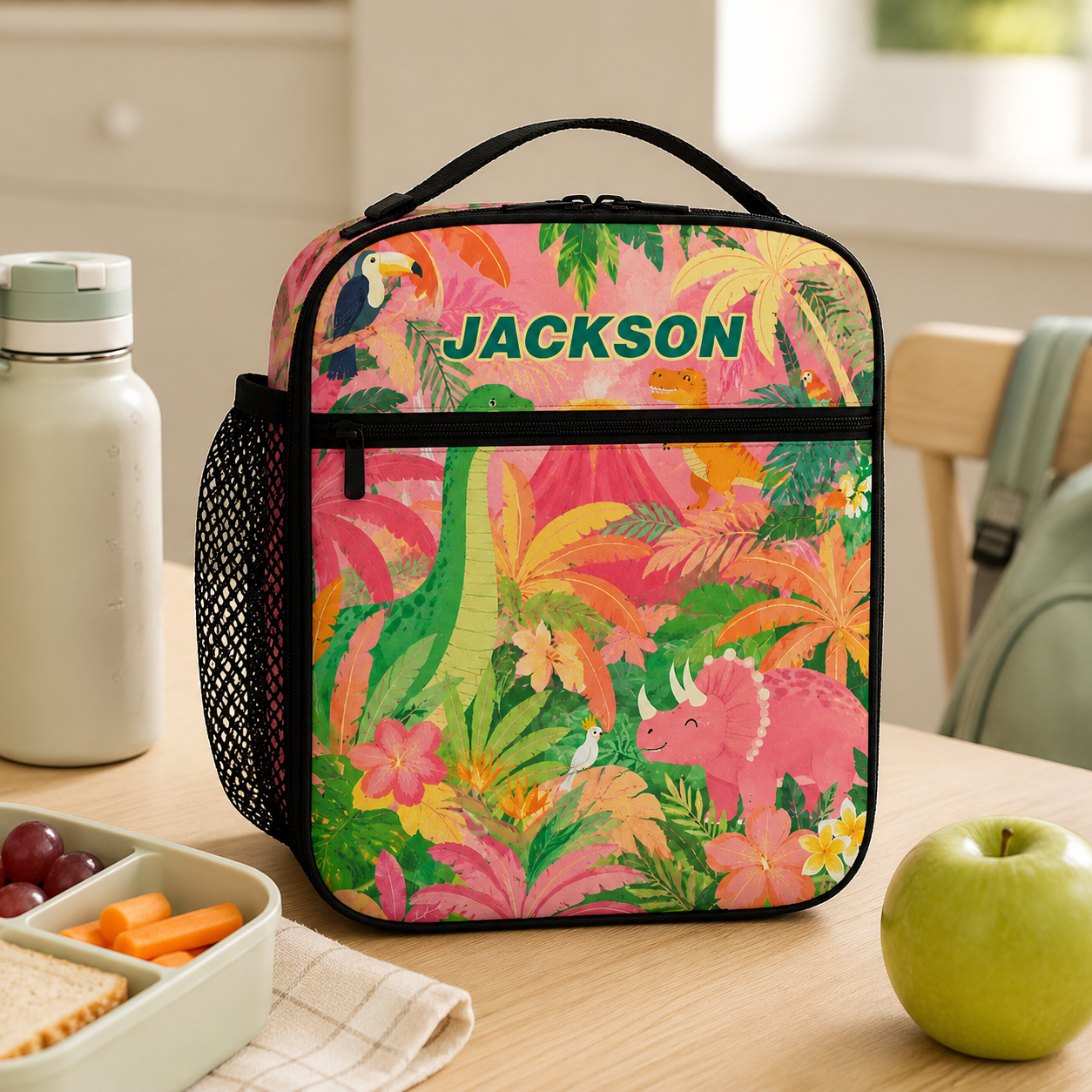 Personalized Tropical Jungle Palm Leaves Tiger Parrot Bright Colorful Kids Summer Vacation School Insulated Lunch Bag