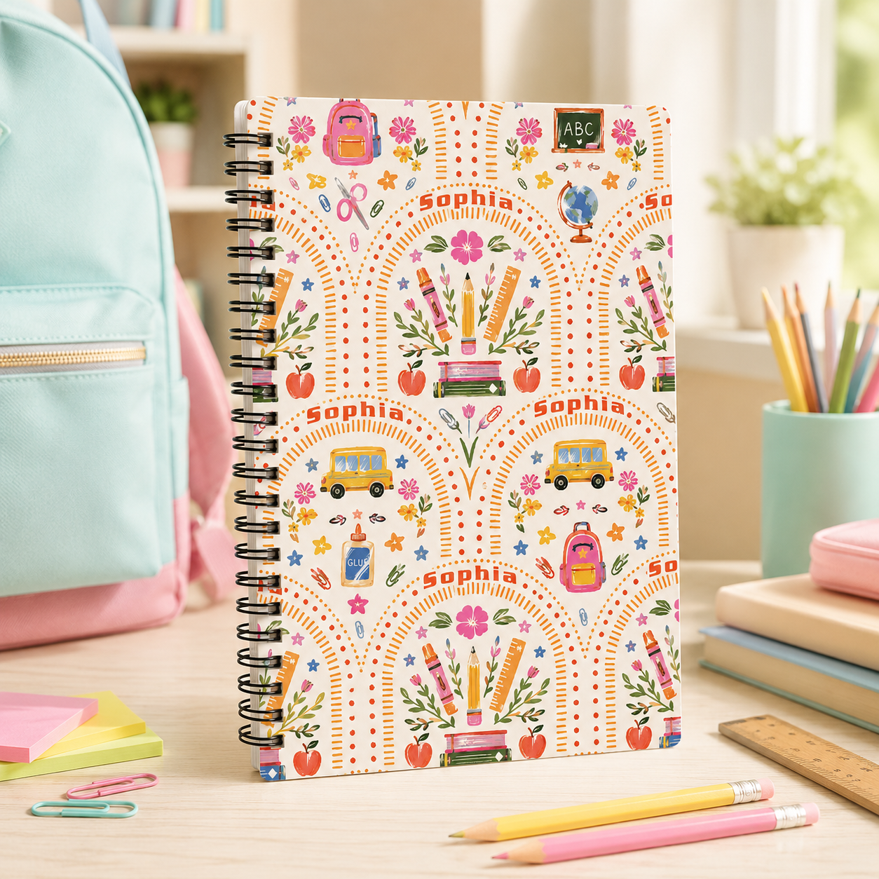Personalized Boho Rainbow Flowers School Supplies Doodles Books Pencils Hearts Stars Back To School Spiral Notebook