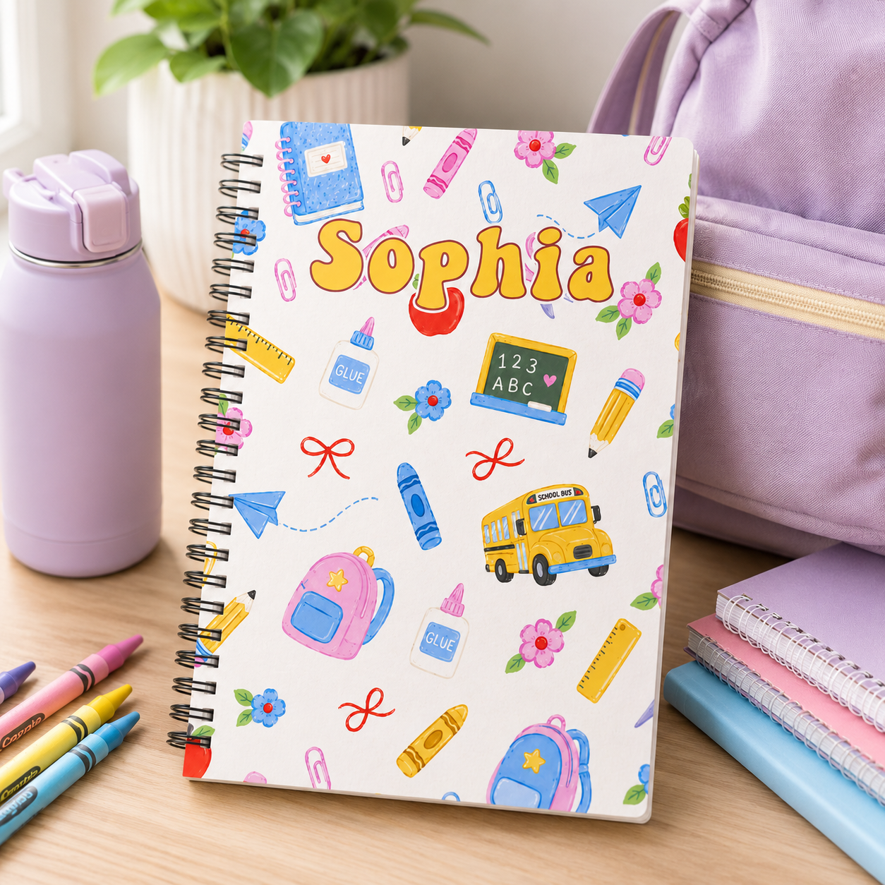 Personalized Cute Back To School Supplies Pastel Backpacks Pencils Chalkboard Bus Stars Kids Spiral Notebook