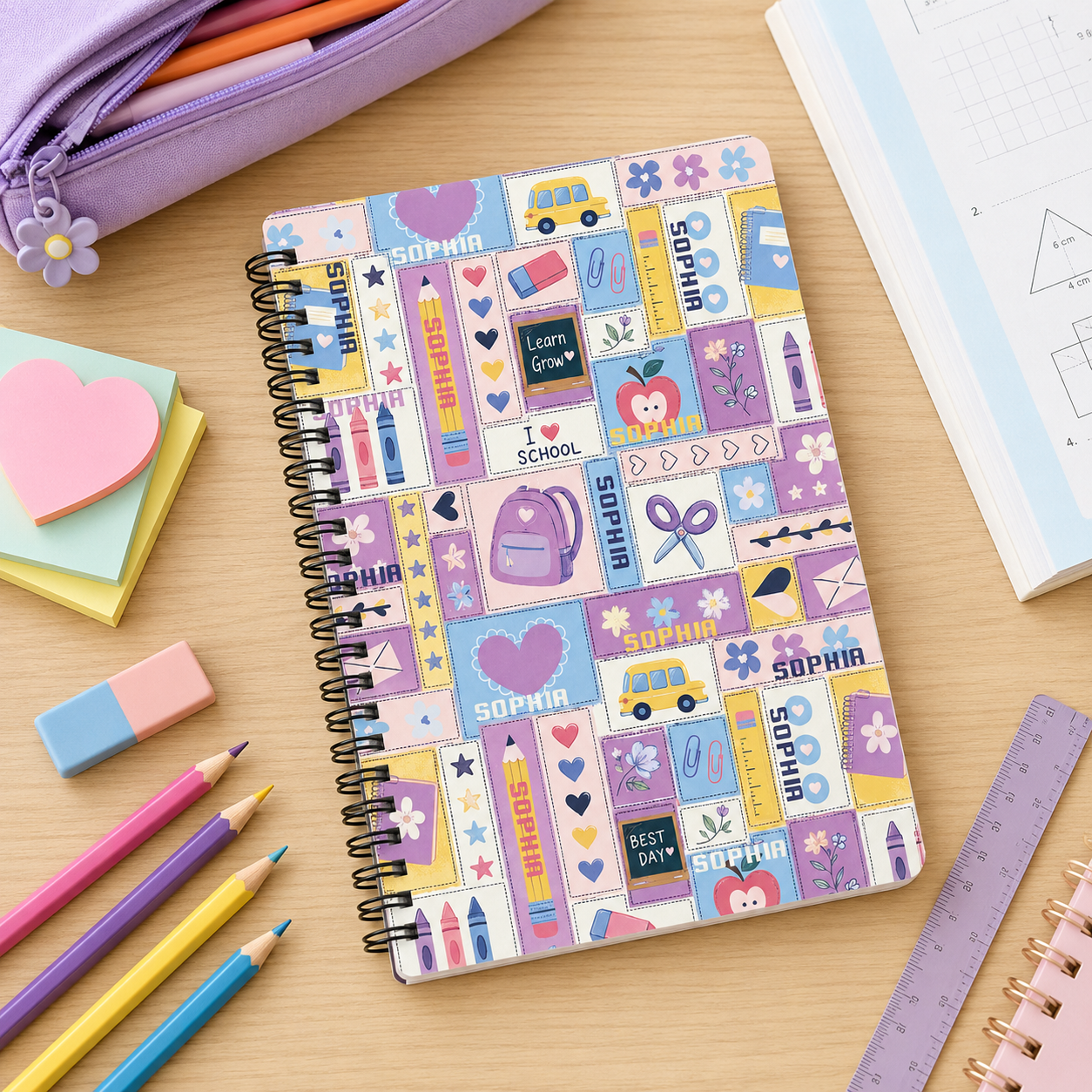Personalized Colorful School Stickers Icons Pencils Books Apples Rainbows Back To School Kids Spiral Notebook