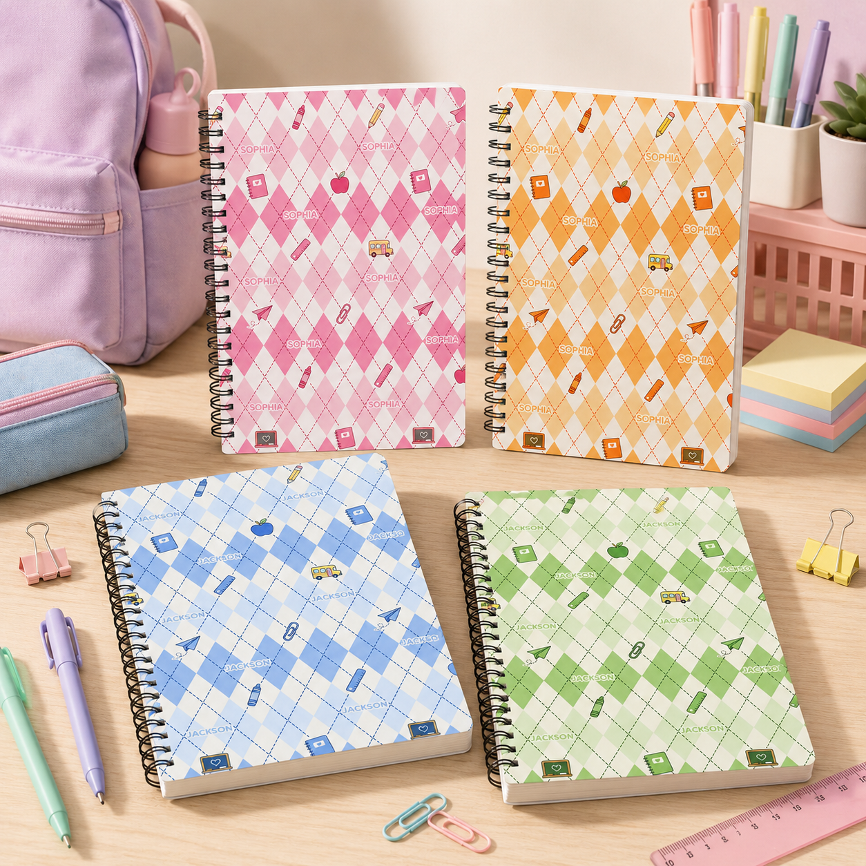 Personalized Pastel Argyle School Icons Pattern Pencils Books Apples Stars Hearts Back To School Spiral Notebook