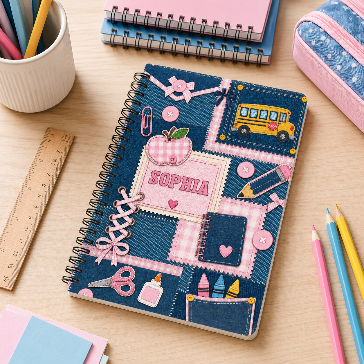 Personalized Denim Patchwork School Icons Pencils Bus Apple Hearts Stitched Pink Blue Back To School Spiral Notebook
