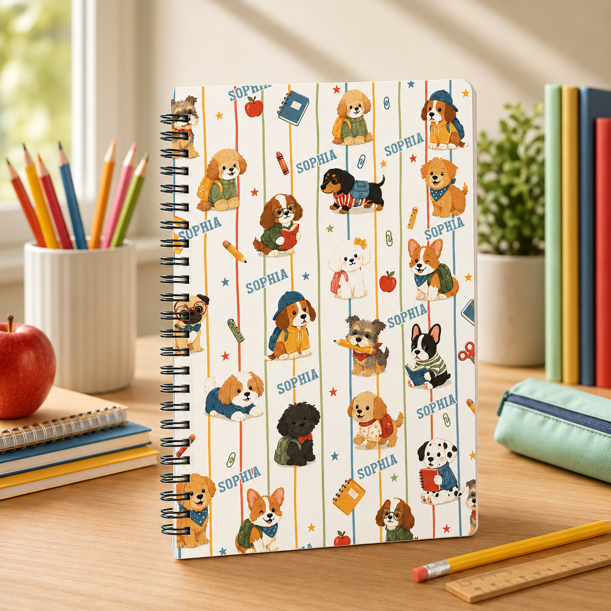 Personalized Cute School Dogs Pattern Backpacks Books Pencils Apples Hearts Back To School Kids Spiral Notebook