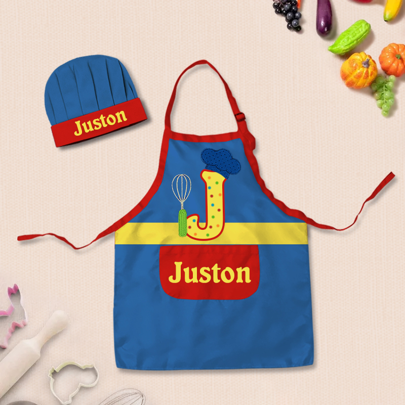 Personalized Letter Remix Color Block Adjustable Kid Apron Chef Hat Set with Pocket and Name for Cooking Baking Birthday Holiday Gift for Kids