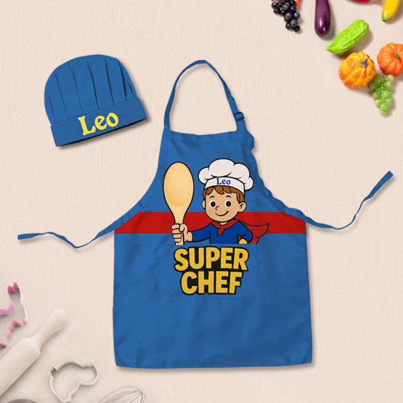 Personalized Cartoon Style Adjustable Apron Chef Hat Set with Pocket and Name for Cooking Birthday Holiday Gift for Kids