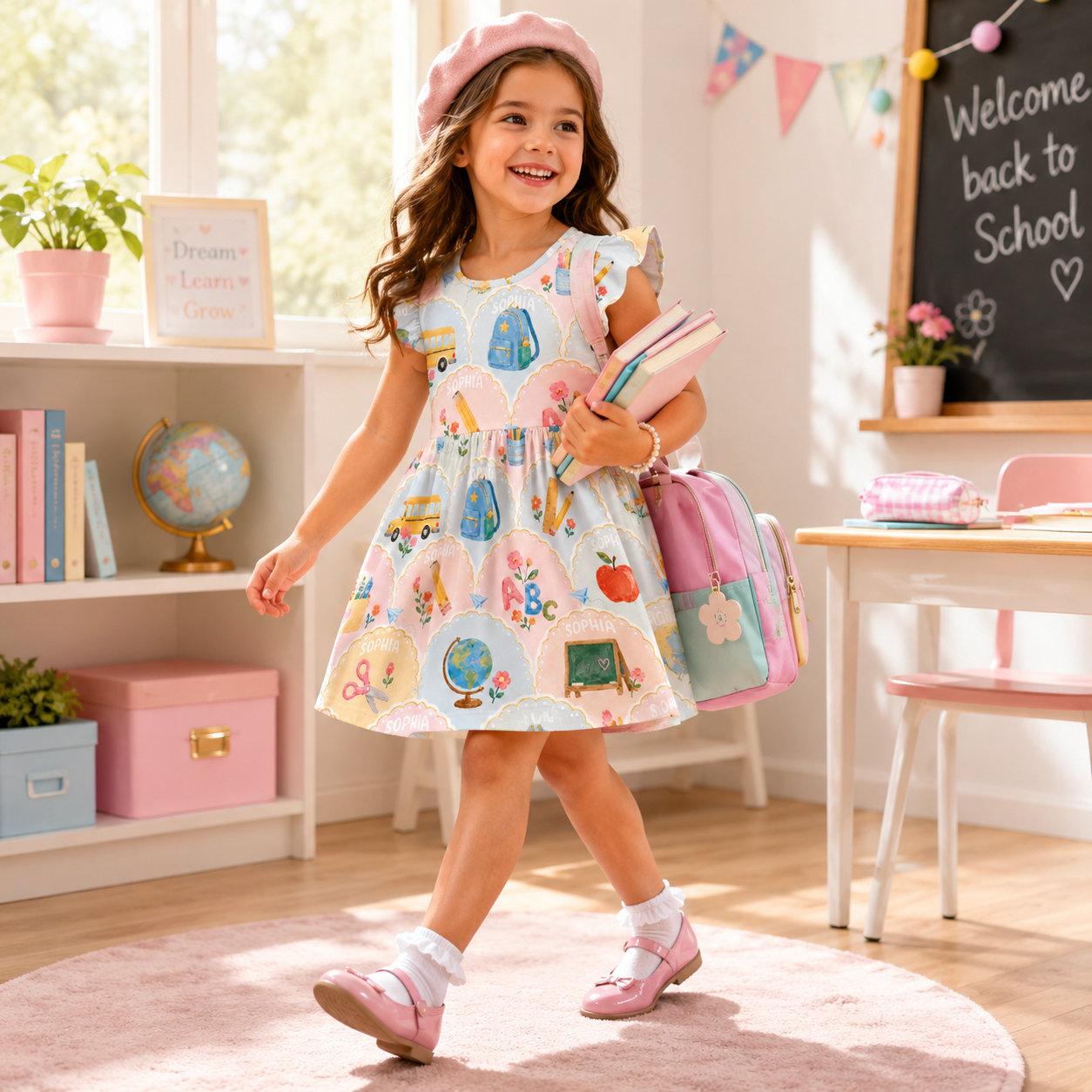 Personalized Whimsical Back To School Pastel Schoolhouses Buses Globes Books Crayons Classroom Print Coquette Ruffle Dress
