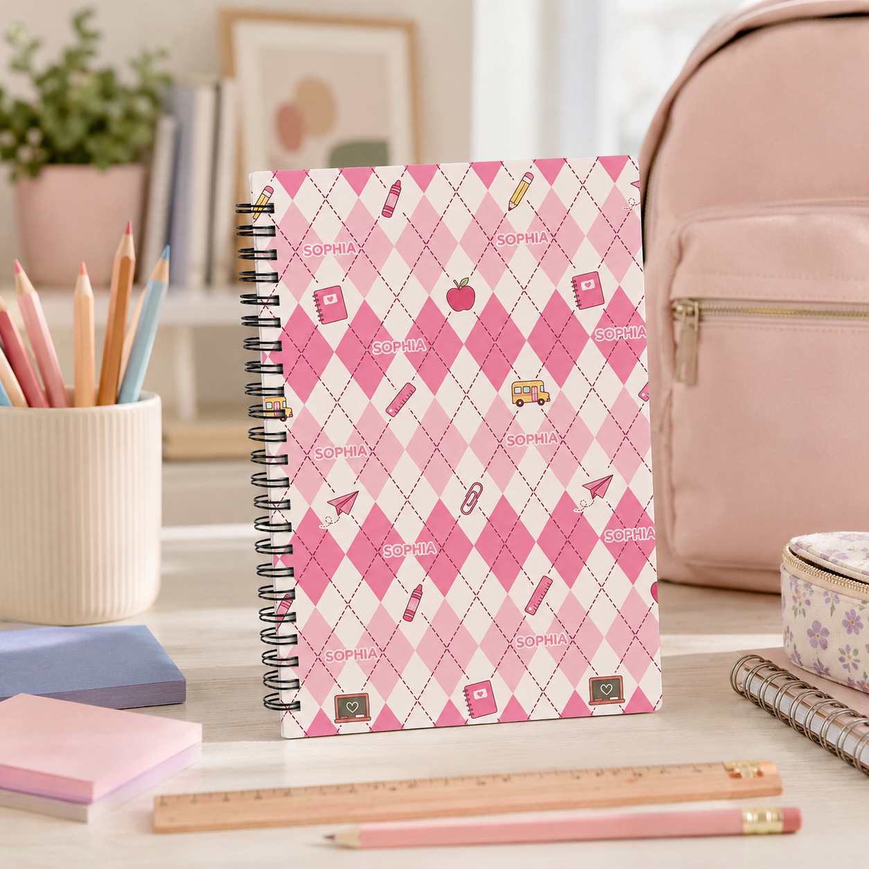 Personalized Pastel Argyle School Icons Pattern Pencils Books Apples Stars Hearts Back To School Spiral Notebook