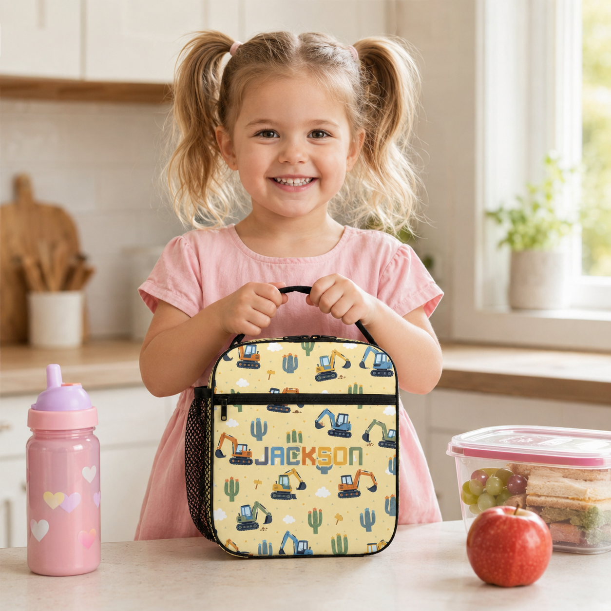 Personalized Cute Animal Friends Pastel Yellow Preschool Toddler Girl Back To School Insulated Reusable Snack Lunch Bag