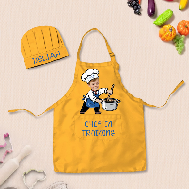 Personalized Fun Cooking Positions Adjustable Kid Apron Chef Hat Set with Pocket and Name for Cooking Baking Birthday Holiday Gift for Kids