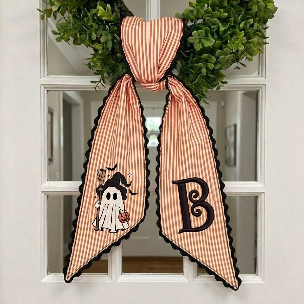 Personalized Halloween Wreath Sash Bow, Monogram Initial Ghost Witch Wreath Ribbon, Wreath Tail, Front Door Fall Halloween Decor