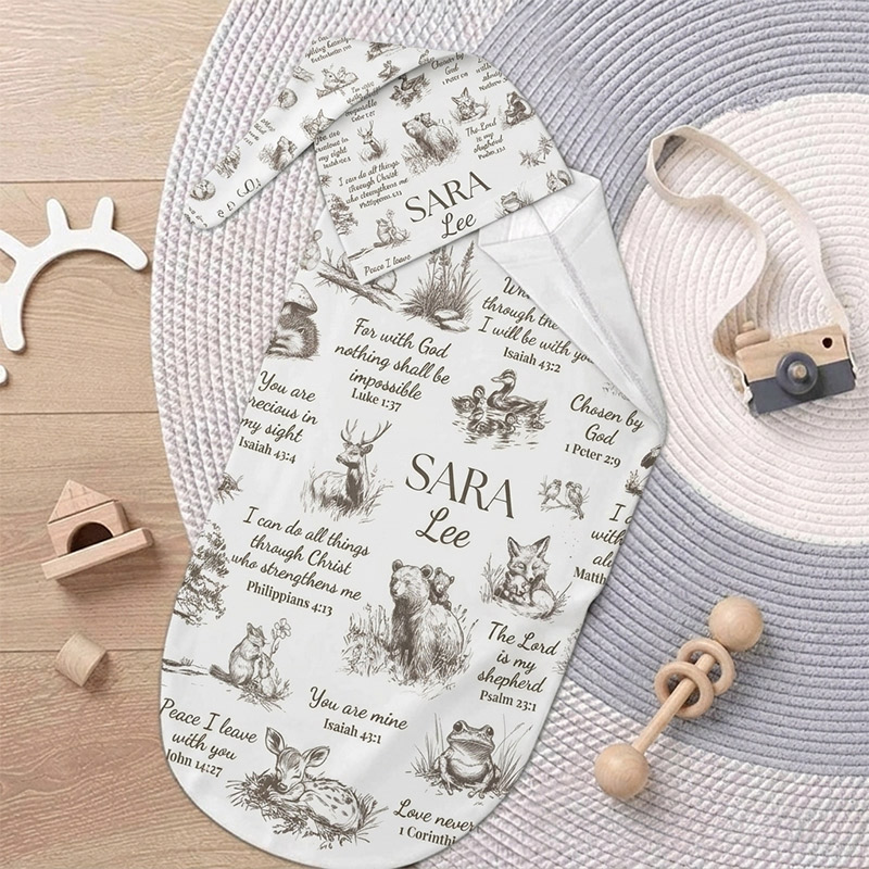 Personalized Christian Baby Swaddle & Hat Set Custom Name Scripture Wrap for Newborn