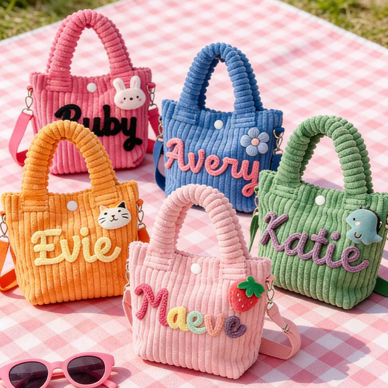Personalized Toddler Purse with Cute Charm Custom Name Corduroy Kids Crossbody Bag Preschool Daycare Bag