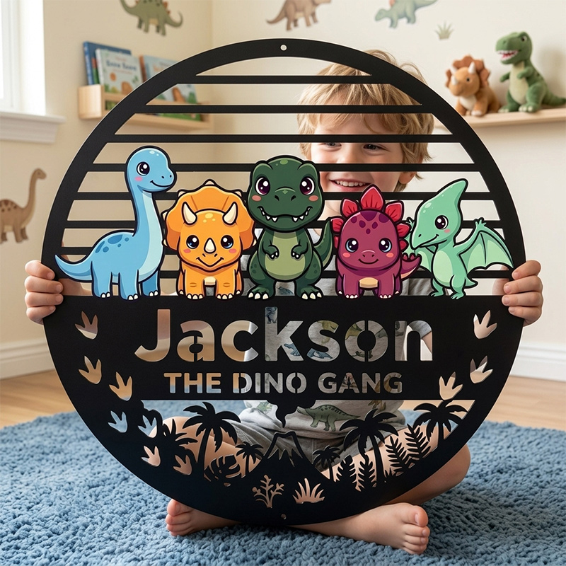 Personalized Dino Gang Metal Name Sign Custom Kids Dinosaur Room Wall Decor Bedroom Sign