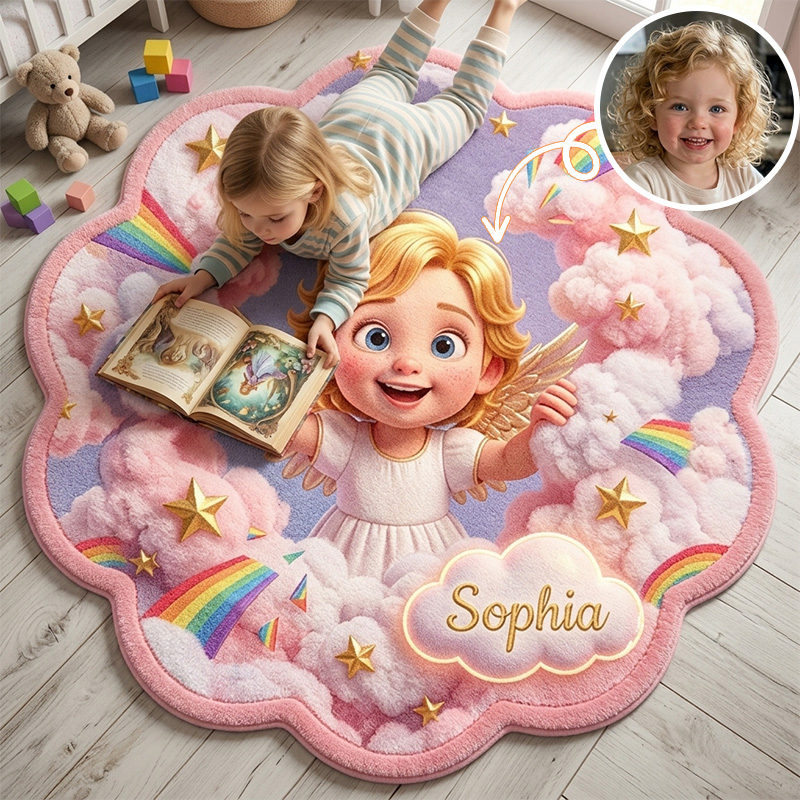 Personalized Angel Rainbow Kids Rug Themed Dreamy Cloud Fantasy Bedroom Decor Design Soft Custom Name Play Mat For Girls