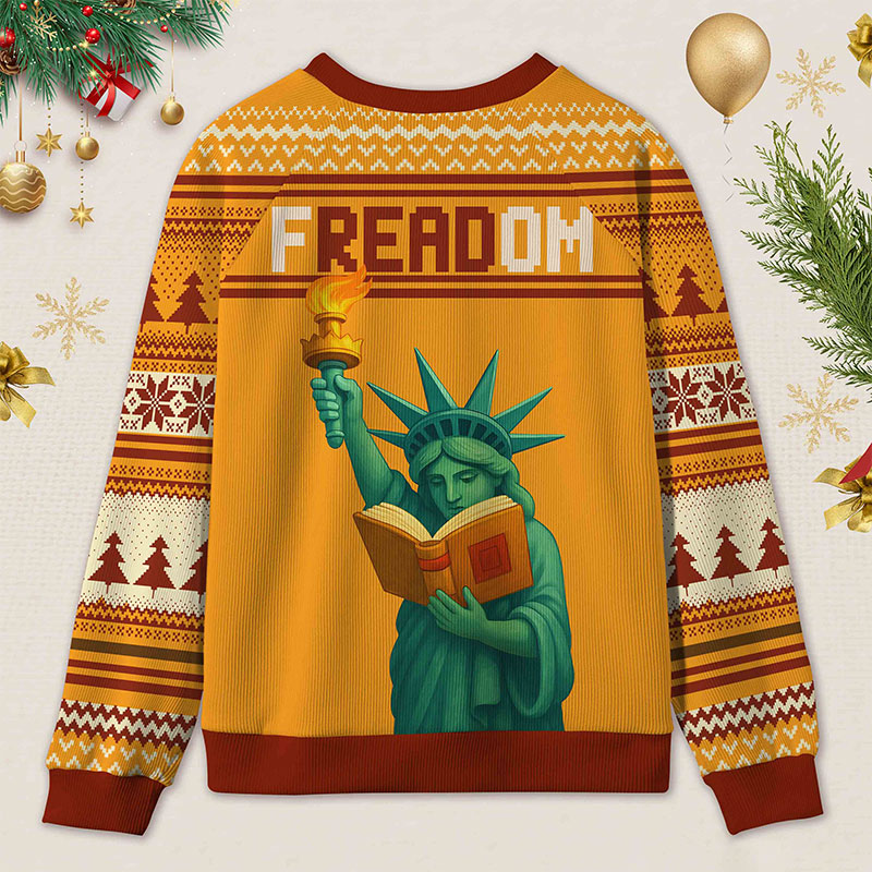 Personalized Reading Freedom Statue Fun Ugly Sweater Holiday Gift for Book Lovers