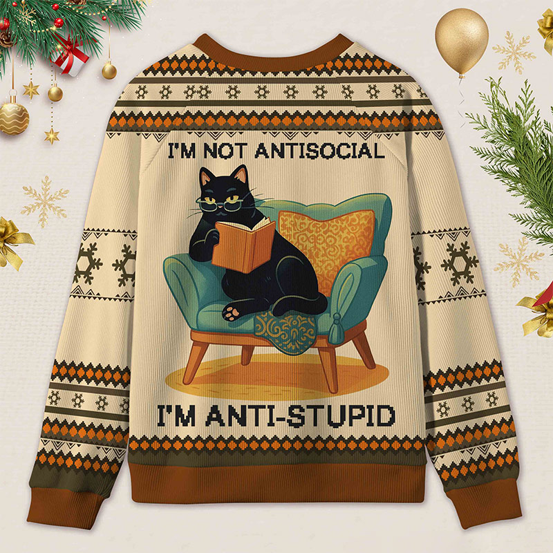 Personalized Wise Bookish Cat Reading Ugly Sweater Holiday Gift for Book Lovers