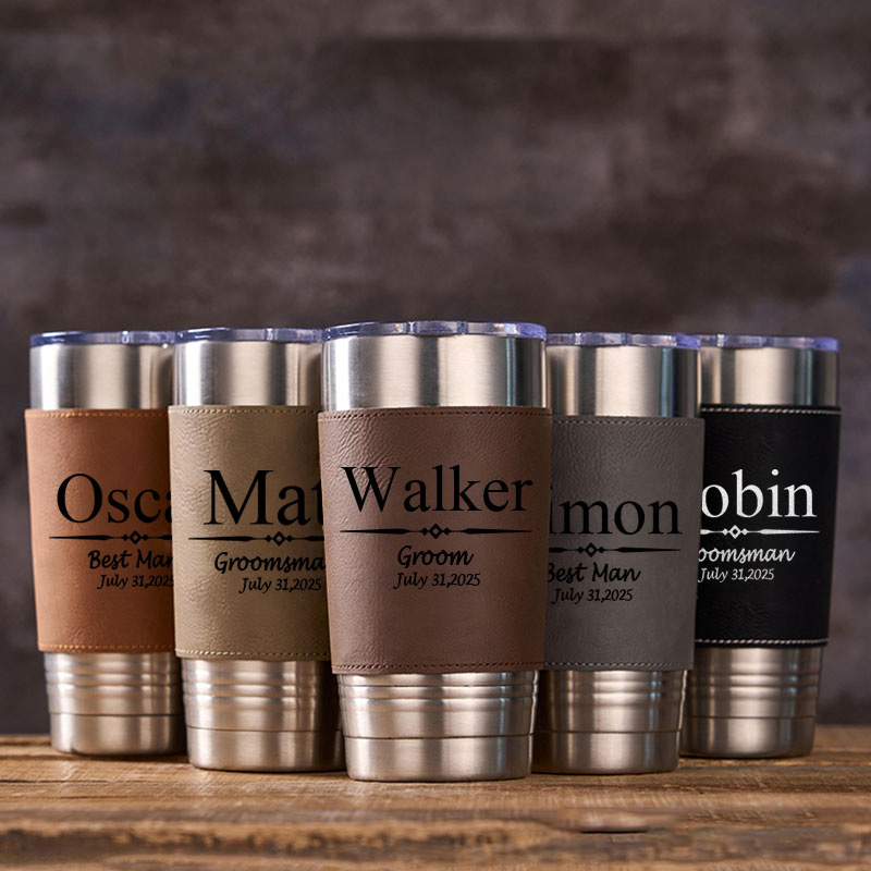 Personalized 20oz Leather Tumbler Engraved Groomsmen Gift Tumblers Groom Gift Tumbler with Sleeve Best Man Bachelor Party Coffee Mugs