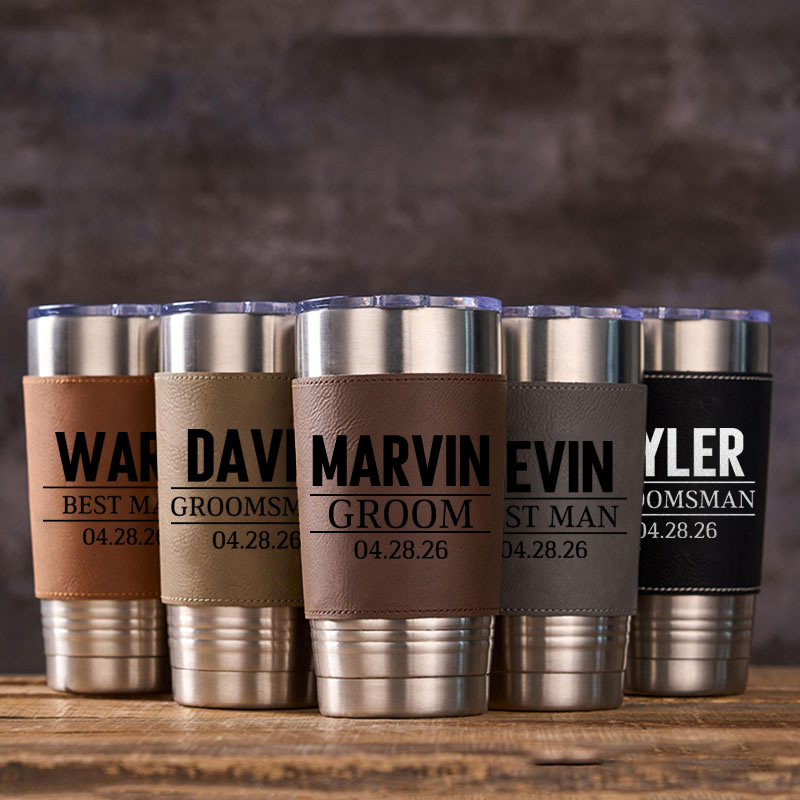 Personalized Groomsmen Gifts 20oz Leather Tumbler Engraved Leather Sleeve Coffee Mug for Groom Best Man Gift Bachelor Party Gift Tumbler