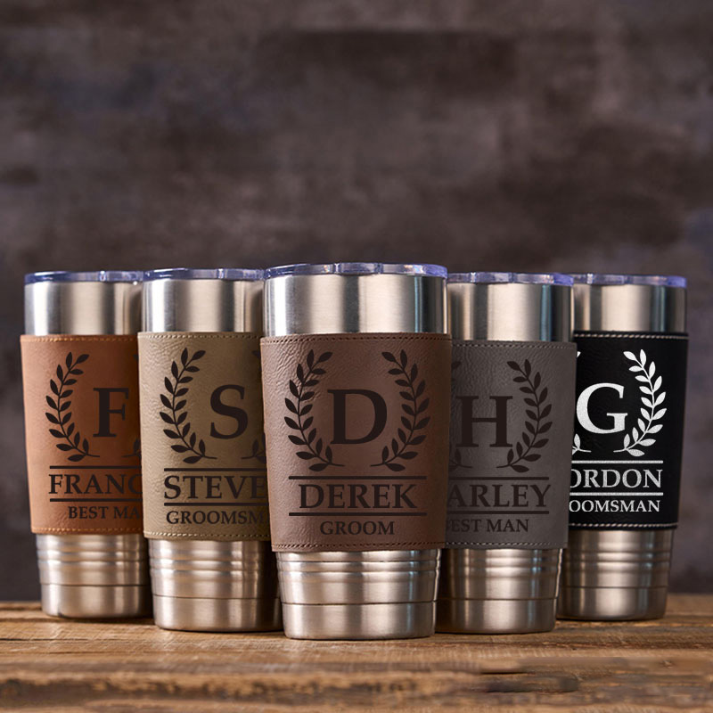 Personalized Engraved Groomsmen Tumbler 20oz Groomsman Tumbler with Leather Sleeve Men’s Coffee Mug for Groom Best Man Wedding Party Gift Tumbler