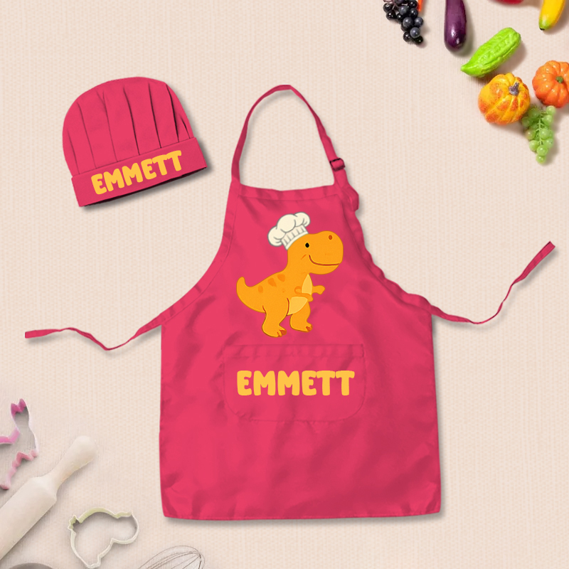 Personalized Cartoon Dinosaur Adjustable Kid Apron Chef Hat Set with Pocket and Name for Cooking Baking Birthday Holiday Gift for Kids