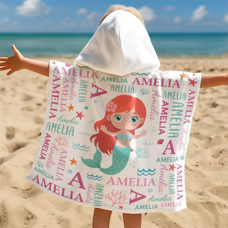 Personalized Cute And Beachy Custom Name Quick Dry Hooded Beach Towel with Name Beach Pool Essentials Birthday Gift for Kids Summer Pool Party Gift Baby Vacation Swim Poncho