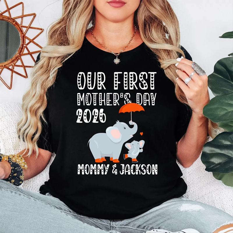 Personalized Name Our First Mothers Day 2026 Shirt New Mom Elephant Shirt, First Mothers Day Gift Mommy And Baby Matching