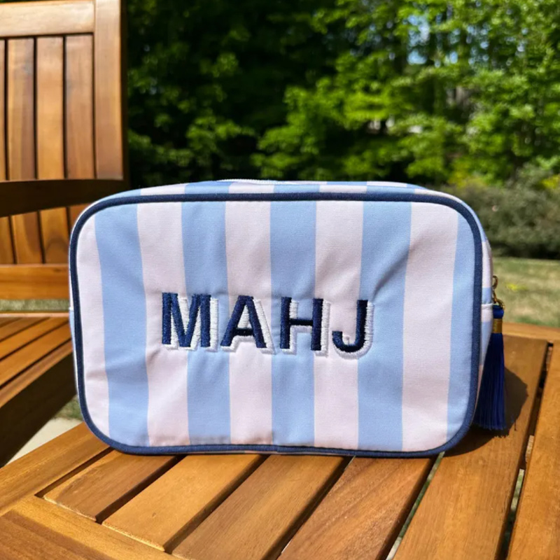 Personalized Mahjong Tile Striped Bag with Tassel Zipper Canvas Pouch Mahjong Lover Gift