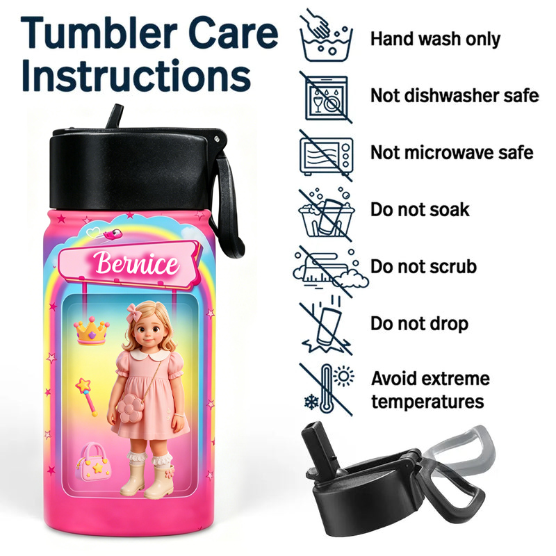 Personalized Pink Princess Kids Water Bottle Custom Photo Name Thermos Cup Cute Gift For Girl School Design
