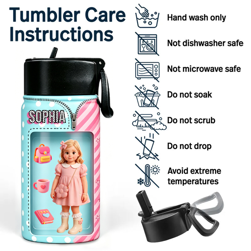 Personalized Pink Blue Kids Water Bottle Custom Name Photo Thermos Cup Cute Theme Gift Design
