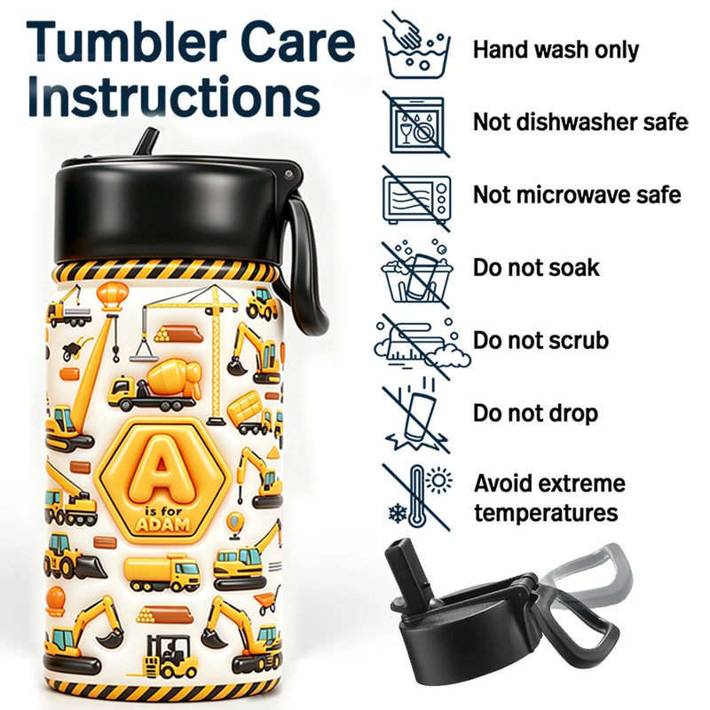 Personalized Construction Crew Kids Water Bottle with 3D Style Custom Name Construction Vehicles Design