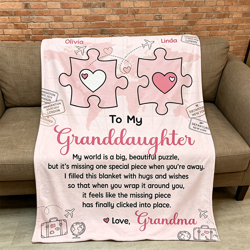 Personalized To My Granddaughter Puzzle Piece Blanket Custom Long‑Distance Gift with Map and Heartfelt Message