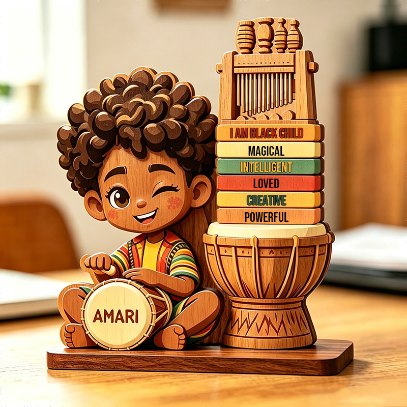 Personalized Wooden African Drum Wooden Plaque Custom Name Music Playset for Kids Birthday Gift for African American Boys/Girls