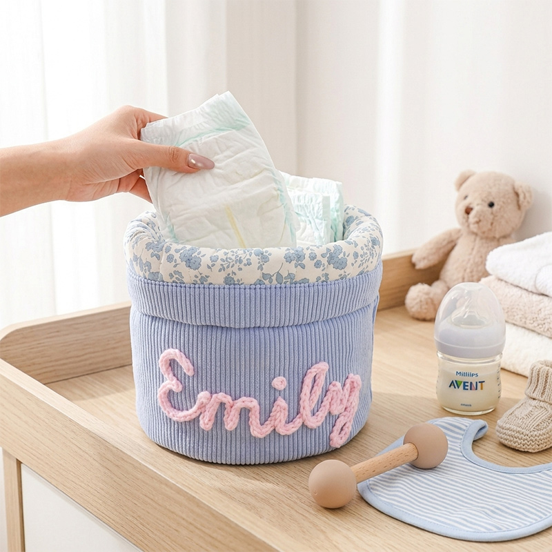 Personalized Seersucker Nursery Storage Basket Name Embroidered Baby Room Organizer Toys Wipes Caddy Makeup Bag Diaper Bag