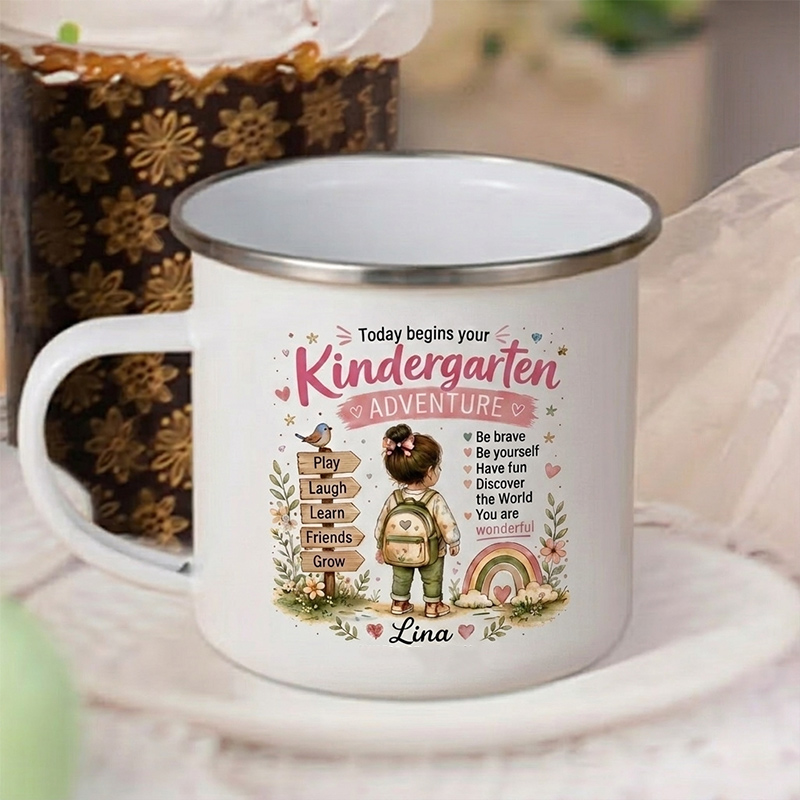 Personalized Kindergarten Enamel Mug Today Begins Your Kindergarten Adventure Custom Name First Day of School Cup Back To School Gift