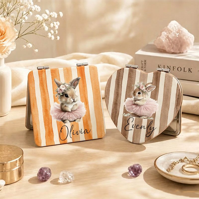 Personalized Bunny Ballerina Compact Mirror Custom Name Heart & Round Pocket Mirror for Girl Wedding Gifts