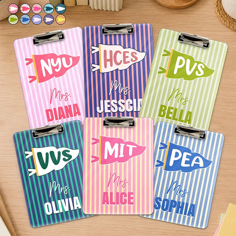 Personalized Teacher Clipboard with School Pennant Custom Striped Cute Classroom Clipboard With Name