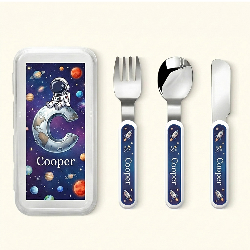 Personalized Kids Space Cutlery Set with Case Astronaut Rocket Fork Spoon Knife 3 Pcs Cutlery Set with Name and Case