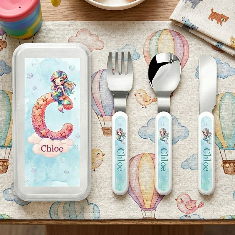 Personalized Mermaid Kids Cutlery Set with Case Fork Spoon Knife 3 Pcs Cutlery Set