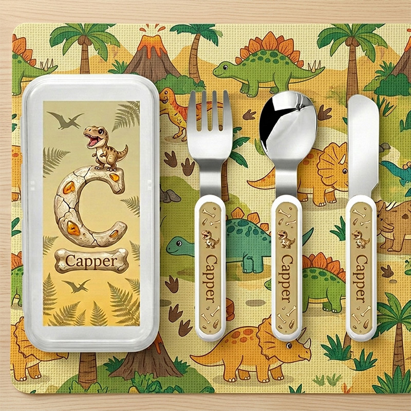 Personalized Dinosaur Kids Cutlery Set with Case T‑Rex Fossil Fork Spoon Knife 3 Pcs Cutlery Set with Name and Case