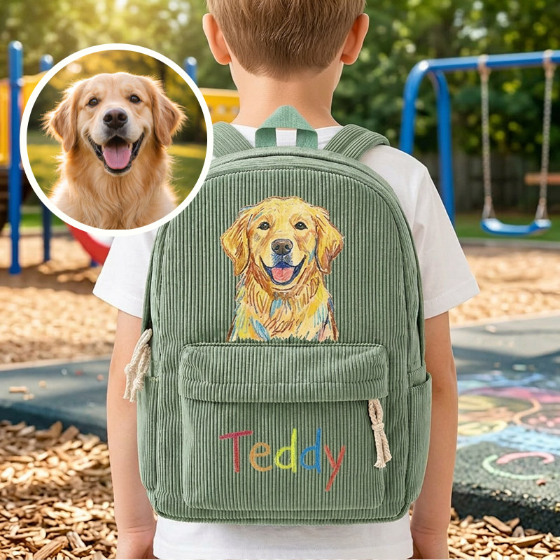 Personalized Corduroy Backpack Custom Photo Family Besties Dog Cat Portrait Hand‑Drawn Portrait