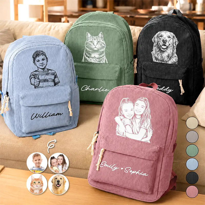 Personalized Corduroy Backpack Custom Photo Family Besties Dog Cat Portrait Pencil Sketch