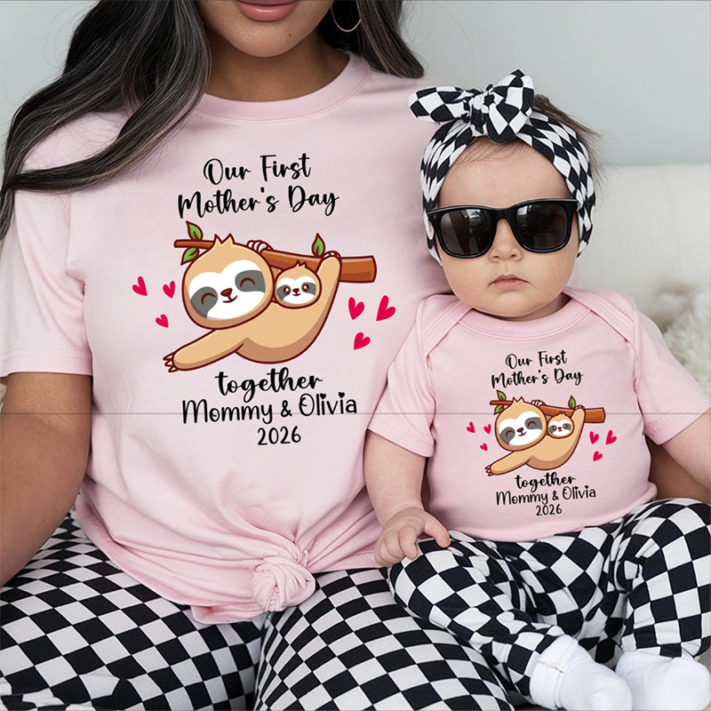 Personalized First Mother's Day Shirt Funny Sloth 1st Mother's Day T-shirt Mother and Baby Matching T-shirts