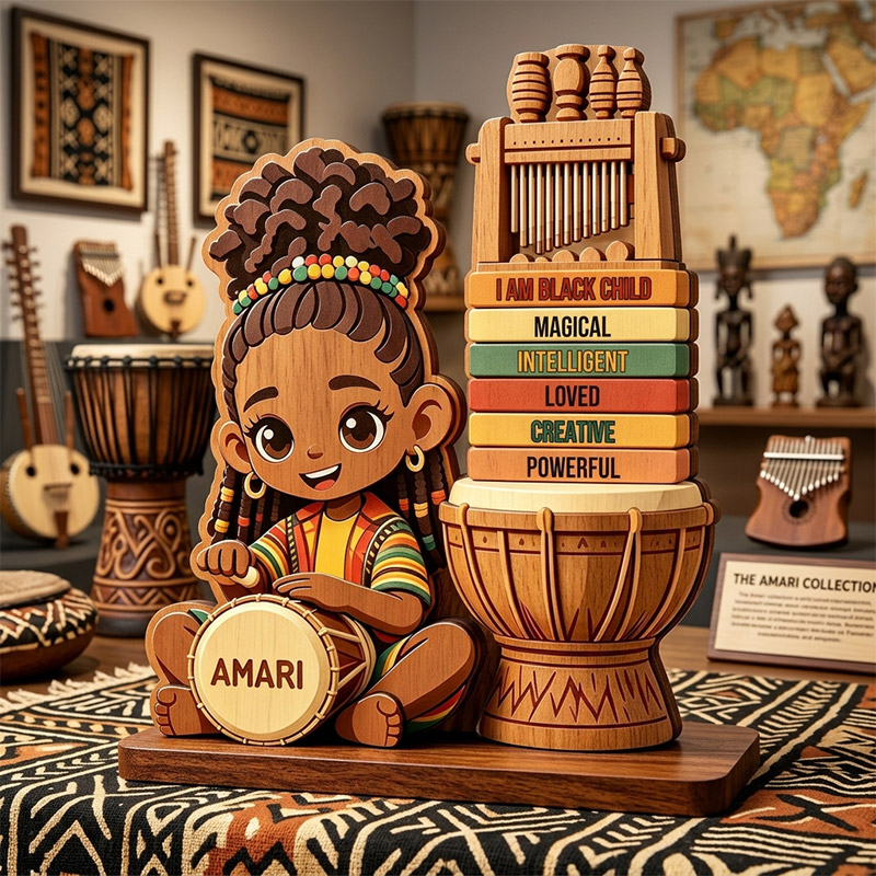 Personalized Wooden African Drum Wooden Plaque Custom Name Music Playset for Kids Birthday Gift for African American Boys/Girls