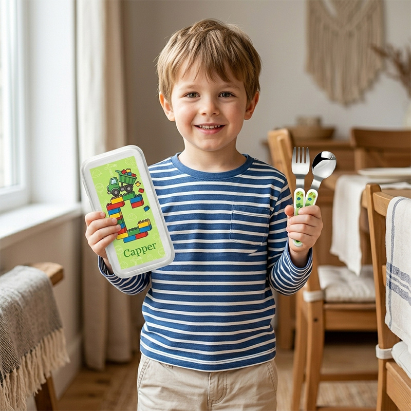 Personalized Kids Construction Cutlery Set with Case Dump Truck Building Blocks Fork Spoon Knife 3 Pcs Cutlery Set with Name and Case