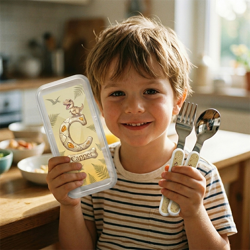 Personalized Dinosaur Kids Cutlery Set with Case T‑Rex Fossil Fork Spoon Knife 3 Pcs Cutlery Set with Name and Case